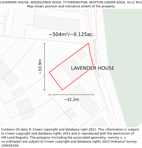 LAVENDER HOUSE, WOODLANDS ROAD, TYTHERINGTON, WOTTON-UNDER-EDGE, GL12 8UU: Plot and title map