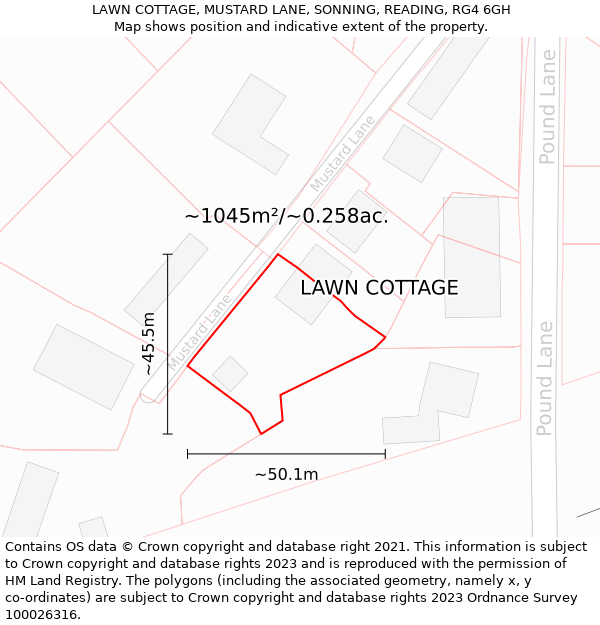 LAWN COTTAGE, MUSTARD LANE, SONNING, READING, RG4 6GH: Plot and title map
