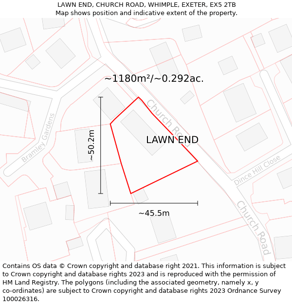 LAWN END, CHURCH ROAD, WHIMPLE, EXETER, EX5 2TB: Plot and title map