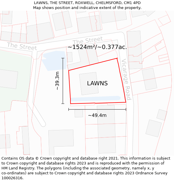 LAWNS, THE STREET, ROXWELL, CHELMSFORD, CM1 4PD: Plot and title map