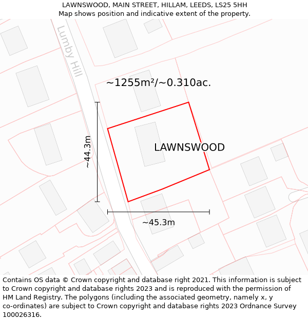 LAWNSWOOD, MAIN STREET, HILLAM, LEEDS, LS25 5HH: Plot and title map