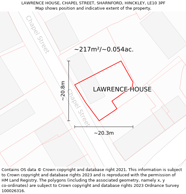 LAWRENCE HOUSE, CHAPEL STREET, SHARNFORD, HINCKLEY, LE10 3PF: Plot and title map