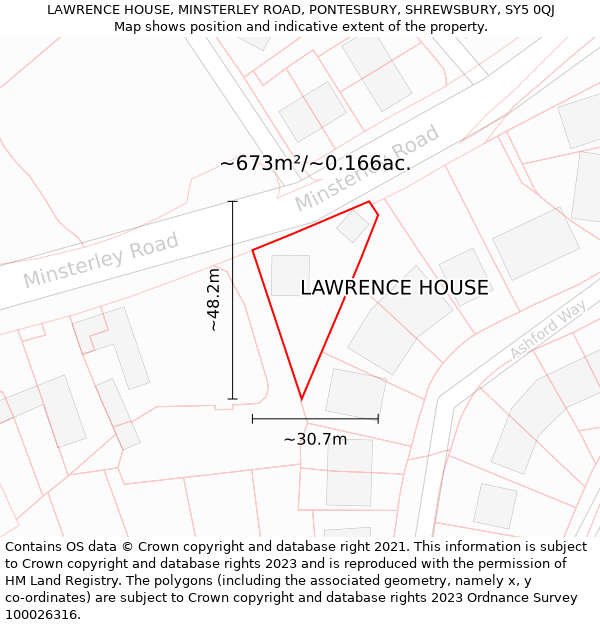 LAWRENCE HOUSE, MINSTERLEY ROAD, PONTESBURY, SHREWSBURY, SY5 0QJ: Plot and title map