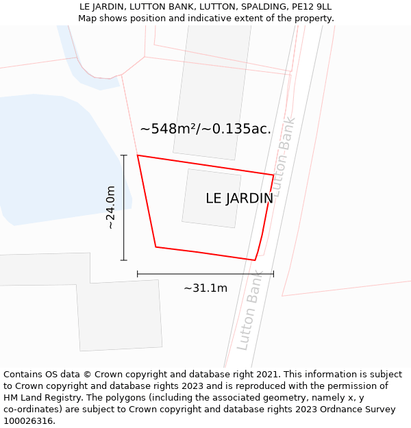 LE JARDIN, LUTTON BANK, LUTTON, SPALDING, PE12 9LL: Plot and title map