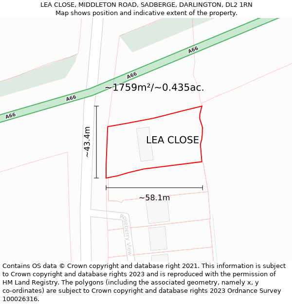 LEA CLOSE, MIDDLETON ROAD, SADBERGE, DARLINGTON, DL2 1RN: Plot and title map