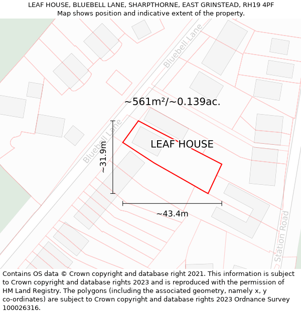 LEAF HOUSE, BLUEBELL LANE, SHARPTHORNE, EAST GRINSTEAD, RH19 4PF: Plot and title map