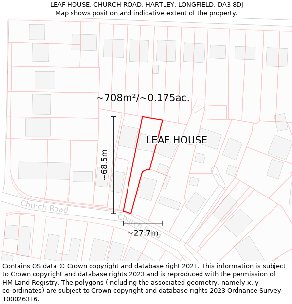 LEAF HOUSE, CHURCH ROAD, HARTLEY, LONGFIELD, DA3 8DJ: Plot and title map