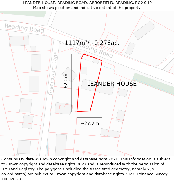 LEANDER HOUSE, READING ROAD, ARBORFIELD, READING, RG2 9HP: Plot and title map