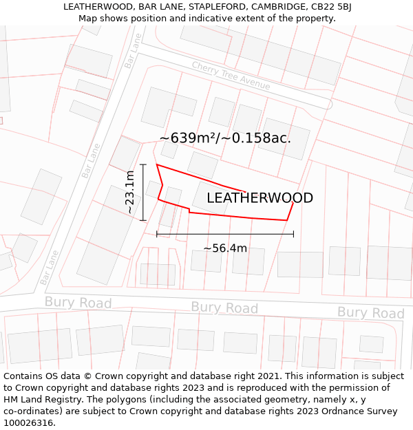 LEATHERWOOD, BAR LANE, STAPLEFORD, CAMBRIDGE, CB22 5BJ: Plot and title map