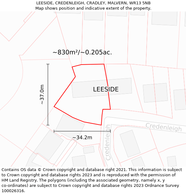 LEESIDE, CREDENLEIGH, CRADLEY, MALVERN, WR13 5NB: Plot and title map