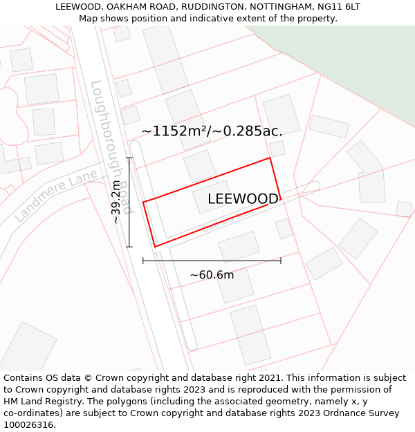 LEEWOOD, OAKHAM ROAD, RUDDINGTON, NOTTINGHAM, NG11 6LT: Plot and title map