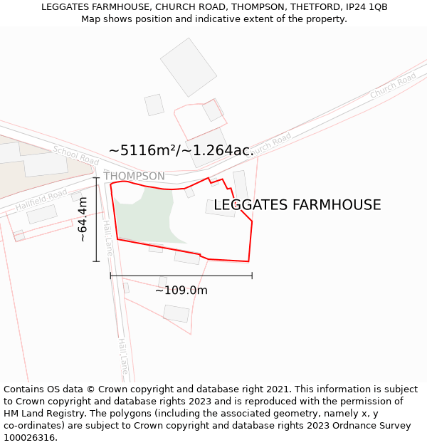 LEGGATES FARMHOUSE, CHURCH ROAD, THOMPSON, THETFORD, IP24 1QB: Plot and title map