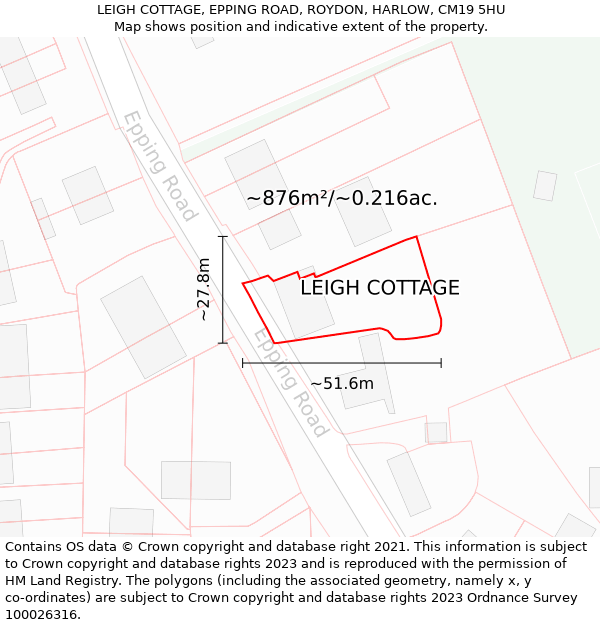 LEIGH COTTAGE, EPPING ROAD, ROYDON, HARLOW, CM19 5HU: Plot and title map