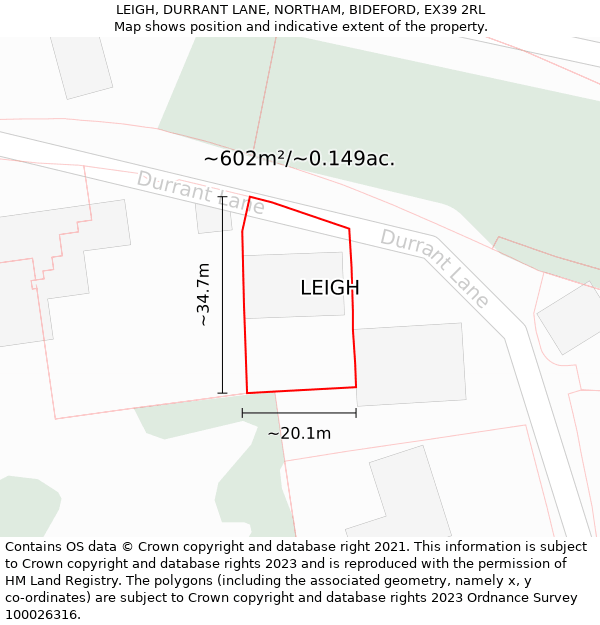 LEIGH, DURRANT LANE, NORTHAM, BIDEFORD, EX39 2RL: Plot and title map