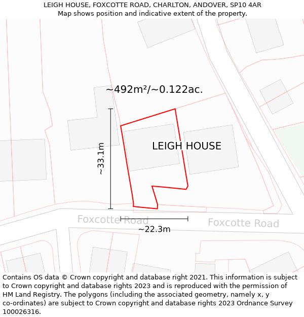 LEIGH HOUSE, FOXCOTTE ROAD, CHARLTON, ANDOVER, SP10 4AR: Plot and title map