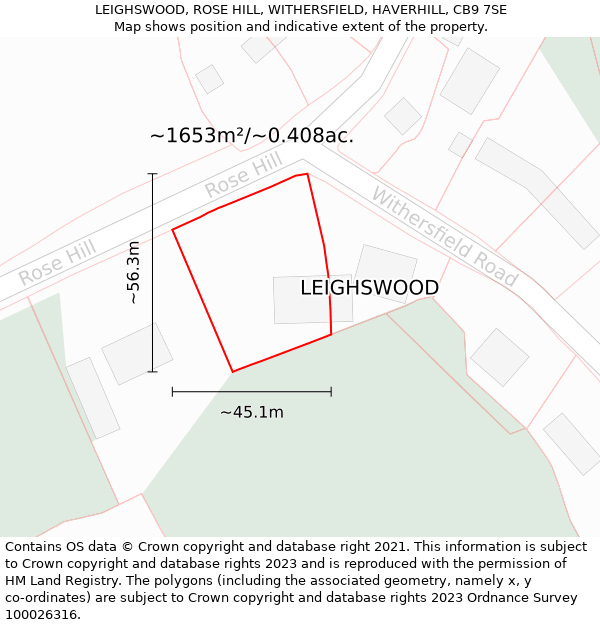 LEIGHSWOOD, ROSE HILL, WITHERSFIELD, HAVERHILL, CB9 7SE: Plot and title map