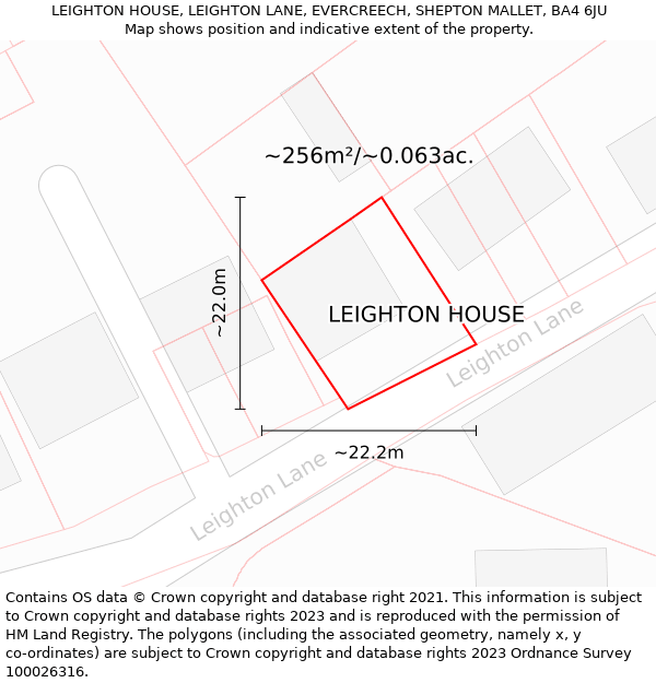 LEIGHTON HOUSE, LEIGHTON LANE, EVERCREECH, SHEPTON MALLET, BA4 6JU: Plot and title map