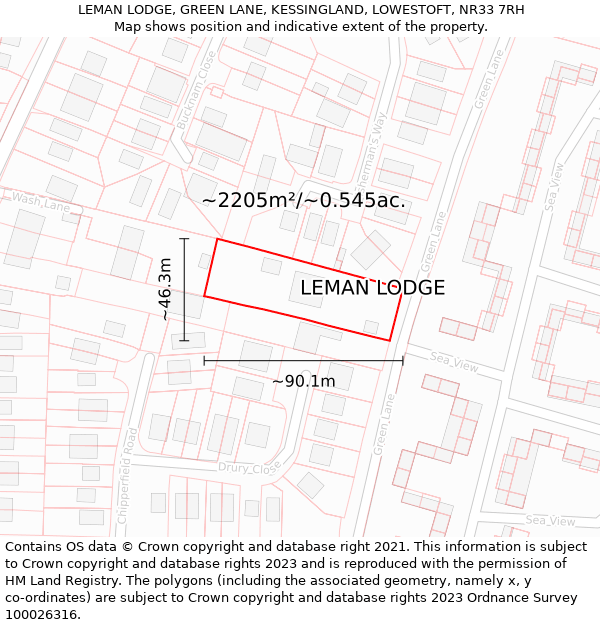 LEMAN LODGE, GREEN LANE, KESSINGLAND, LOWESTOFT, NR33 7RH: Plot and title map