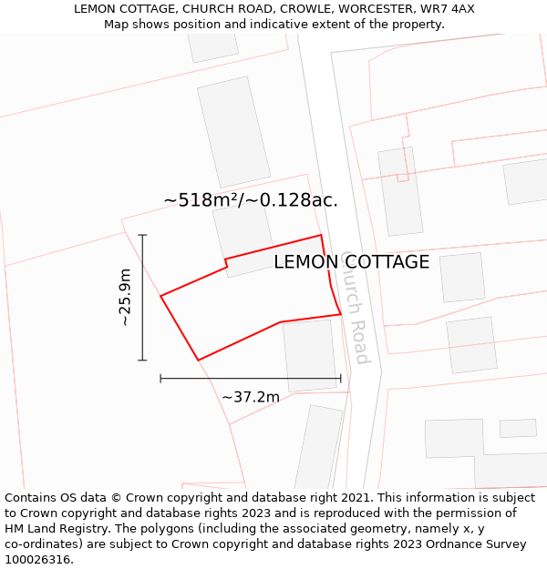 LEMON COTTAGE, CHURCH ROAD, CROWLE, WORCESTER, WR7 4AX: Plot and title map