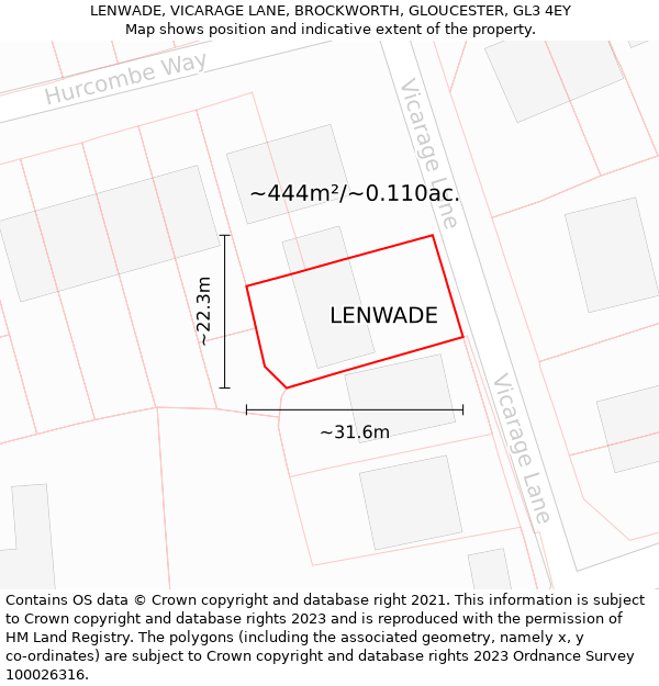 LENWADE, VICARAGE LANE, BROCKWORTH, GLOUCESTER, GL3 4EY: Plot and title map