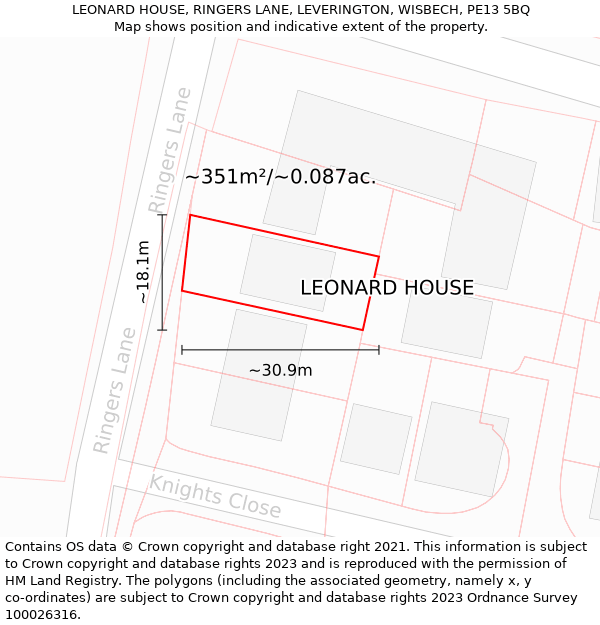 LEONARD HOUSE, RINGERS LANE, LEVERINGTON, WISBECH, PE13 5BQ: Plot and title map