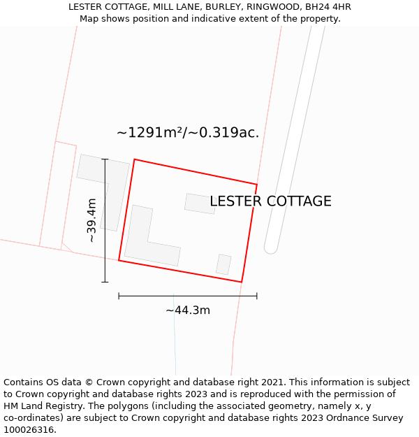 LESTER COTTAGE, MILL LANE, BURLEY, RINGWOOD, BH24 4HR: Plot and title map
