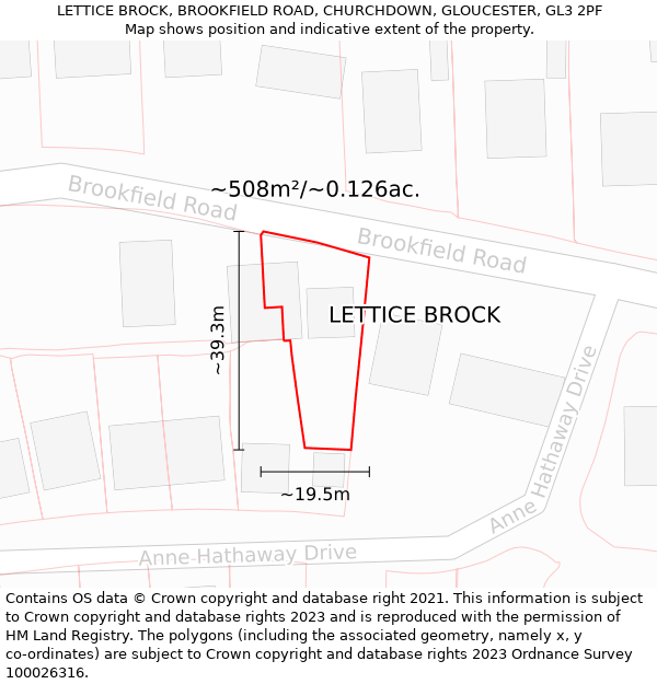 LETTICE BROCK, BROOKFIELD ROAD, CHURCHDOWN, GLOUCESTER, GL3 2PF: Plot and title map