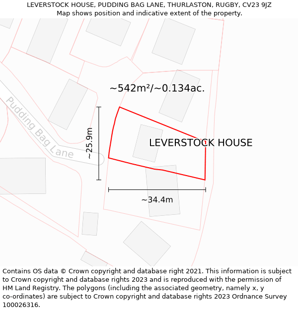 LEVERSTOCK HOUSE, PUDDING BAG LANE, THURLASTON, RUGBY, CV23 9JZ: Plot and title map