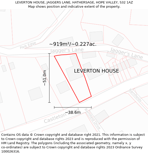 LEVERTON HOUSE, JAGGERS LANE, HATHERSAGE, HOPE VALLEY, S32 1AZ: Plot and title map