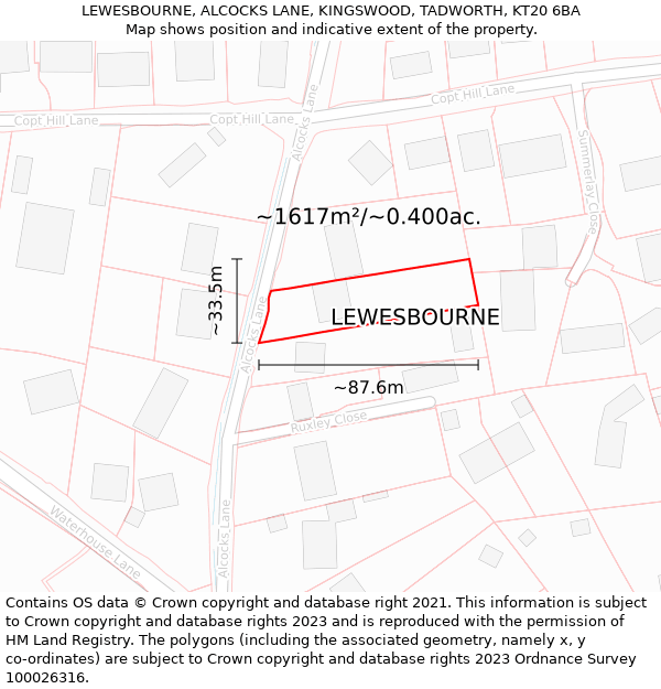 LEWESBOURNE, ALCOCKS LANE, KINGSWOOD, TADWORTH, KT20 6BA: Plot and title map