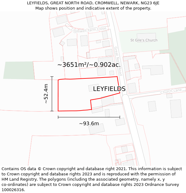 LEYFIELDS, GREAT NORTH ROAD, CROMWELL, NEWARK, NG23 6JE: Plot and title map
