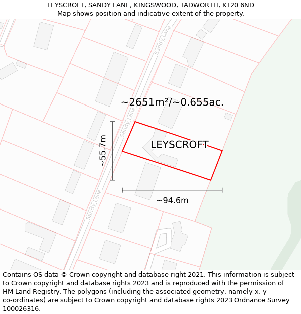 LEYSCROFT, SANDY LANE, KINGSWOOD, TADWORTH, KT20 6ND: Plot and title map