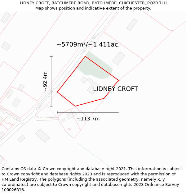 LIDNEY CROFT, BATCHMERE ROAD, BATCHMERE, CHICHESTER, PO20 7LH: Plot and title map