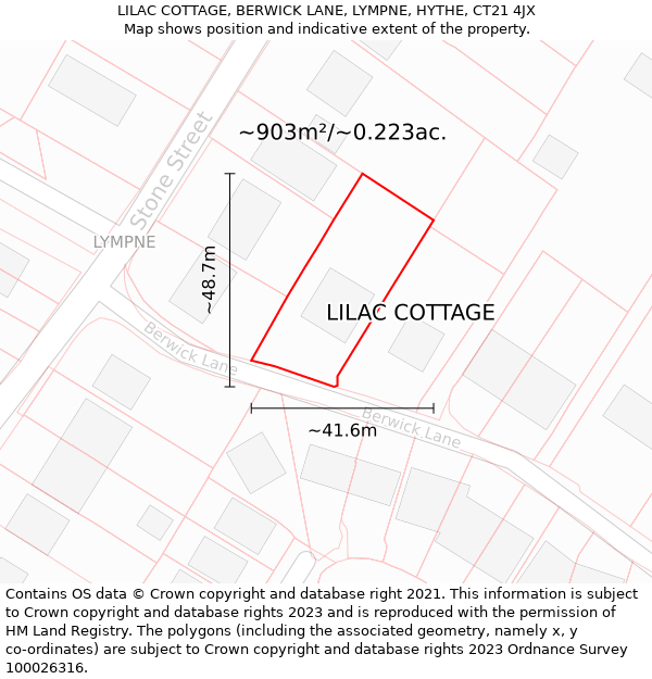 LILAC COTTAGE, BERWICK LANE, LYMPNE, HYTHE, CT21 4JX: Plot and title map