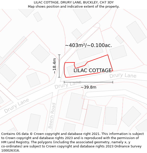 LILAC COTTAGE, DRURY LANE, BUCKLEY, CH7 3DY: Plot and title map