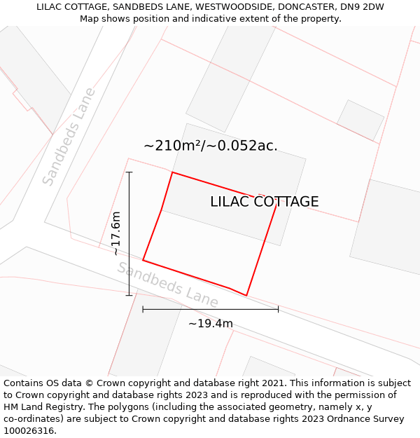 LILAC COTTAGE, SANDBEDS LANE, WESTWOODSIDE, DONCASTER, DN9 2DW: Plot and title map