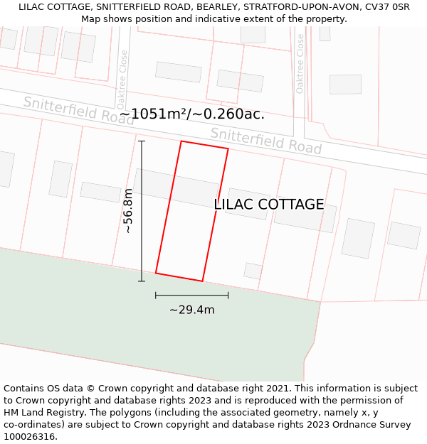 LILAC COTTAGE, SNITTERFIELD ROAD, BEARLEY, STRATFORD-UPON-AVON, CV37 0SR: Plot and title map