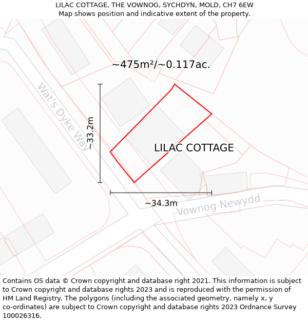 LILAC COTTAGE, THE VOWNOG, SYCHDYN, MOLD, CH7 6EW: Plot and title map