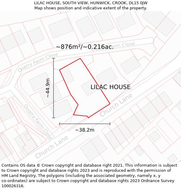 LILAC HOUSE, SOUTH VIEW, HUNWICK, CROOK, DL15 0JW: Plot and title map