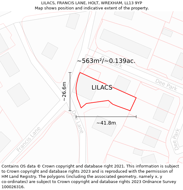 LILACS, FRANCIS LANE, HOLT, WREXHAM, LL13 9YP: Plot and title map