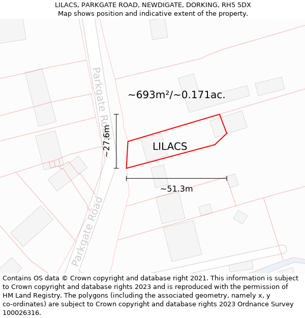 LILACS, PARKGATE ROAD, NEWDIGATE, DORKING, RH5 5DX: Plot and title map