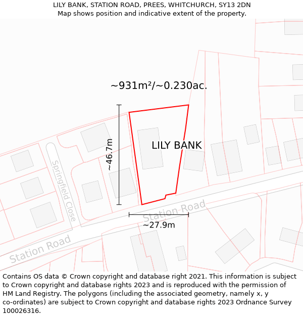 LILY BANK, STATION ROAD, PREES, WHITCHURCH, SY13 2DN: Plot and title map