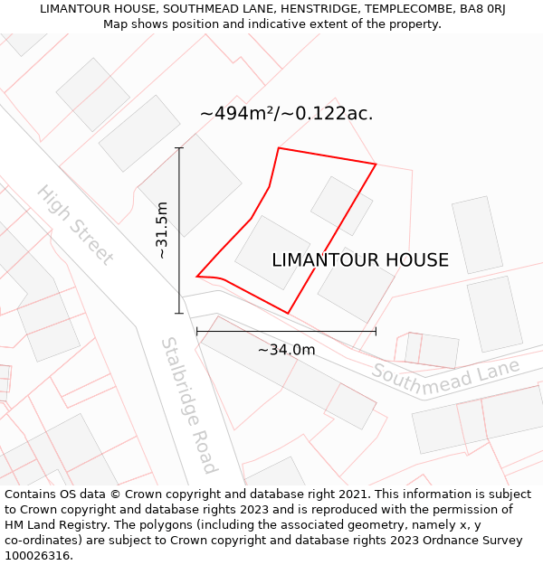 LIMANTOUR HOUSE, SOUTHMEAD LANE, HENSTRIDGE, TEMPLECOMBE, BA8 0RJ: Plot and title map