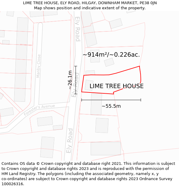 LIME TREE HOUSE, ELY ROAD, HILGAY, DOWNHAM MARKET, PE38 0JN: Plot and title map