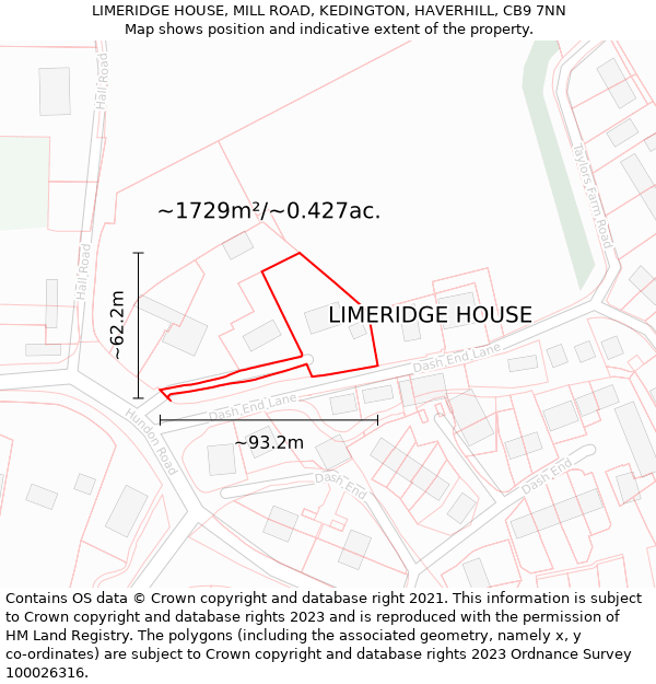 LIMERIDGE HOUSE, MILL ROAD, KEDINGTON, HAVERHILL, CB9 7NN: Plot and title map