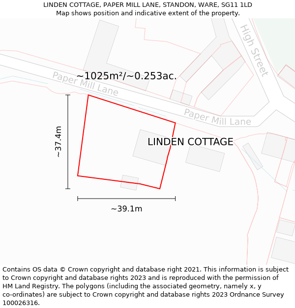 LINDEN COTTAGE, PAPER MILL LANE, STANDON, WARE, SG11 1LD: Plot and title map