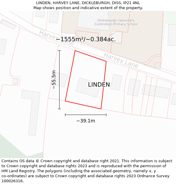 LINDEN, HARVEY LANE, DICKLEBURGH, DISS, IP21 4NL: Plot and title map