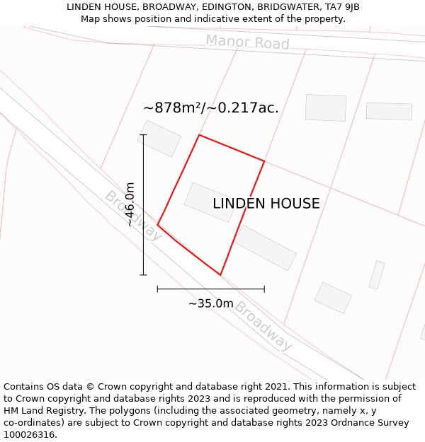 LINDEN HOUSE, BROADWAY, EDINGTON, BRIDGWATER, TA7 9JB: Plot and title map