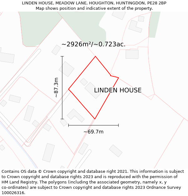 LINDEN HOUSE, MEADOW LANE, HOUGHTON, HUNTINGDON, PE28 2BP: Plot and title map