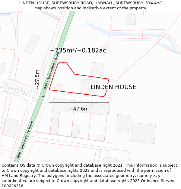 LINDEN HOUSE, SHREWSBURY ROAD, HADNALL, SHREWSBURY, SY4 4AG: Plot and title map